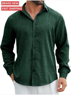 Men's Linen Blend Button Down Shirt Long Sleeve Casual Regular Fit